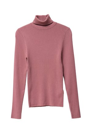 Pull à col roulé côtelé en rose doux, avec des manches longues et une coupe ajustée. Texture lisse avec une légère élasticité pour le confort.