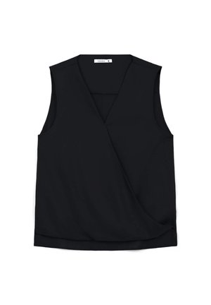 Top nero senza maniche realizzato in tessuto liscio, con scollatura a V e design avvolgente. Semplice, senza fantasie o dettagli hardware visibili.