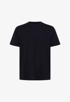 Plain black short-sleeve crew neck t-shirt with a straight hem, displayed flat against a white background.