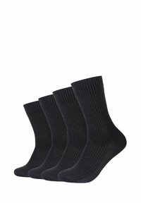 Zwarte katoenen sokken in een verpakking van vier, met een geribbelde textuur en een crewlengte ontwerp. Eenvoudig en praktisch voor dagelijks gebruik.