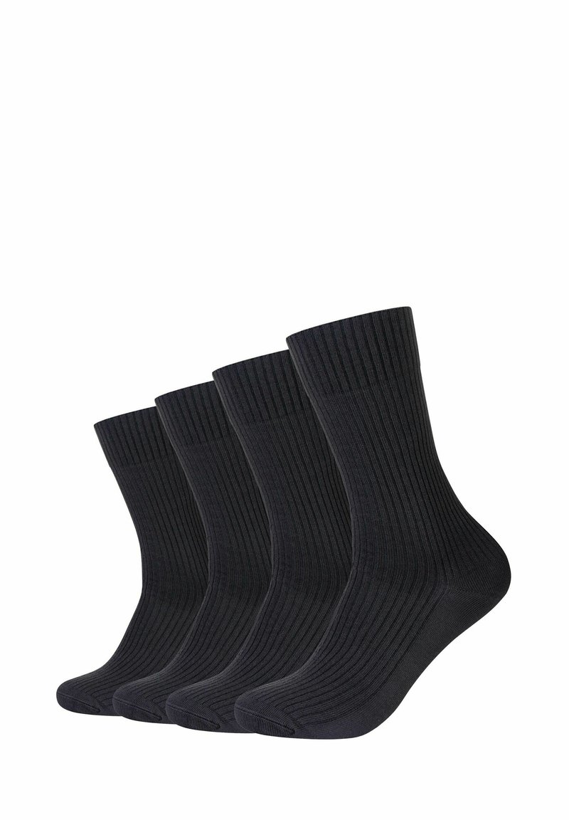 Zwarte katoenen sokken in een verpakking van vier, met een geribbelde textuur en een crewlengte ontwerp. Eenvoudig en praktisch voor dagelijks gebruik.