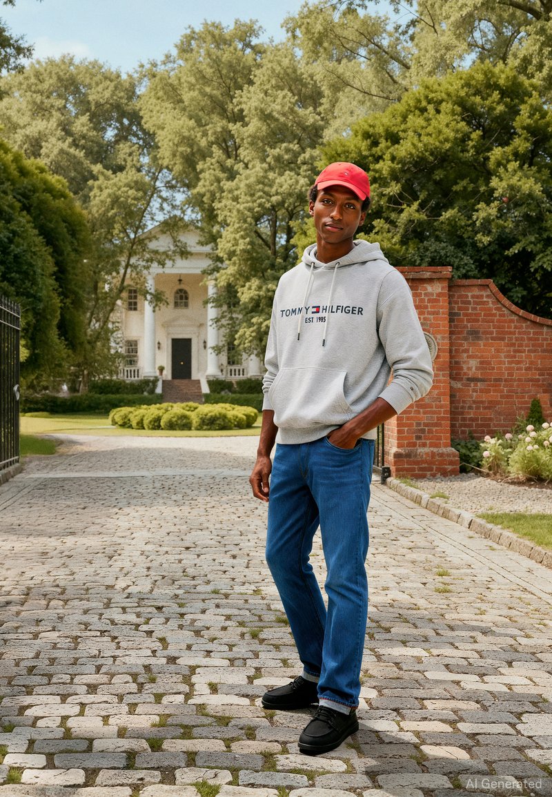 Sudadera con capucha gris con el logo "TOMMY HILFIGER", vaqueros azules y zapatos negros. El modelo lleva una gorra roja. Camino de piedra y vegetación de fondo.