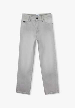 Lichtgrijze straight-leg jeans met knoop- en ritssluiting aan de voorkant, riemlussen en BOSS-logo op de tailleband en het kleine zakje.