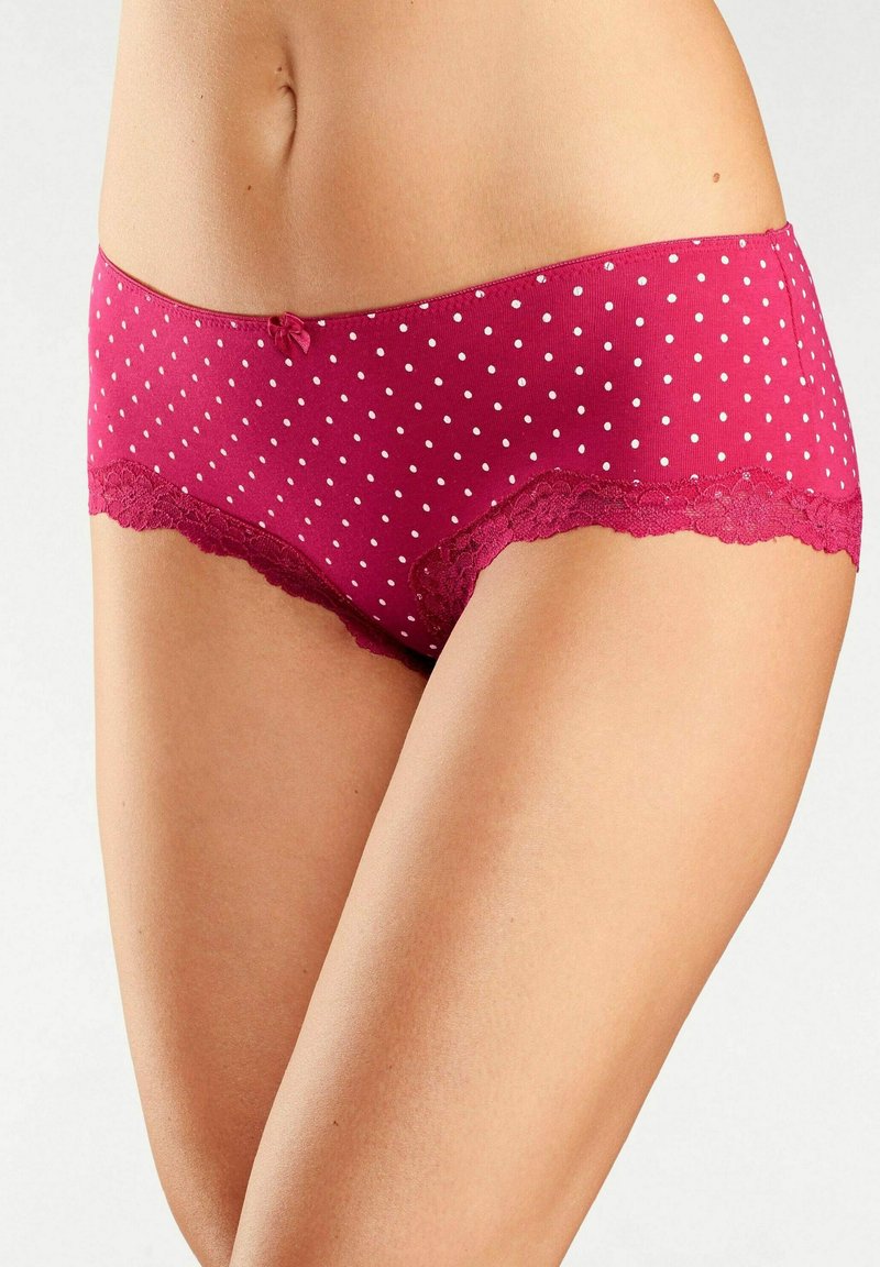 Burgunderfarbene Hipster-Unterwäsche mit Polka-Dots, verziert mit Spitzeneinfassung und einer kleinen Schleife am Bund, aus einem glatten, elastischen Stoff.