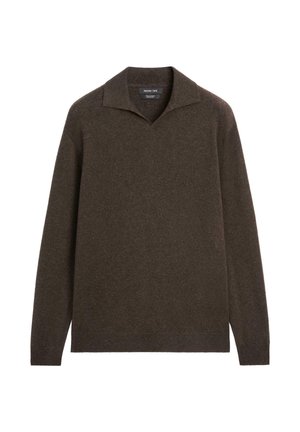 Pullover marrone scuro a maniche lunghe in maglia con colletto aperto e polsini e orlo a coste, etichettato Massimo Dutti.