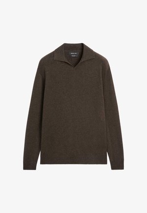 Donkerbruine gebreide trui met lange mouwen, open kraag en geribbelde boorden en zoom, met label Massimo Dutti.