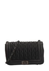 Borsa a tracolla in pelle nera trapuntata con catena, dotata di un modello a onde testurizzate, forma rettangolare e una chiusura metallica elegante.
