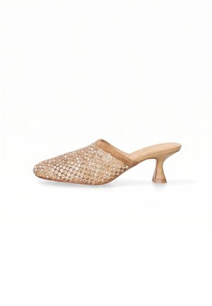 Beige slip-on mule shoe with low curved heel and upper covered in shiny sequins on white background.