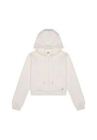 Hoodie bianco cropped realizzato in tessuto morbido, con zip frontale, cappuccio regolabile e polsini a coste, e un piccolo logo sull'orlo.