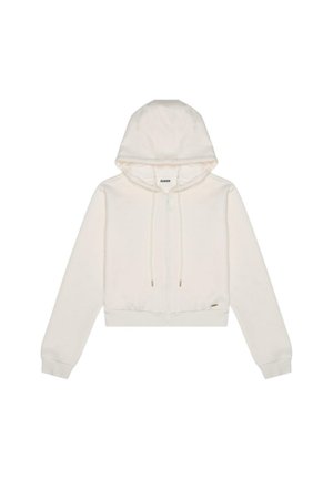 Hoodie bianco cropped realizzato in tessuto morbido, con zip frontale, cappuccio regolabile e polsini a coste, e un piccolo logo sull'orlo.