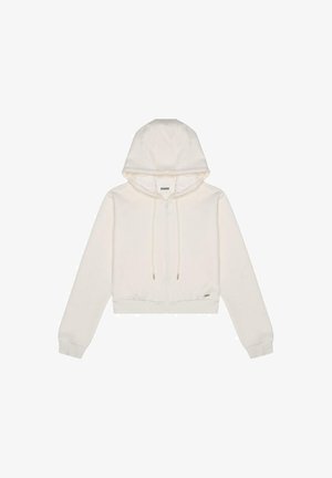Hoodie bianco cropped realizzato in tessuto morbido, con zip frontale, cappuccio regolabile e polsini a coste, e un piccolo logo sull'orlo.