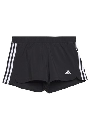 Czarne krótkie spodenki sportowe Adidas z białym wzorem trzech pasków po bokach i logo Adidas na przedniej prawej nodze.