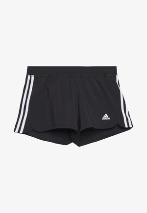 Czarne krótkie spodenki sportowe Adidas z białym wzorem trzech pasków po bokach i logo Adidas na przedniej prawej nodze.