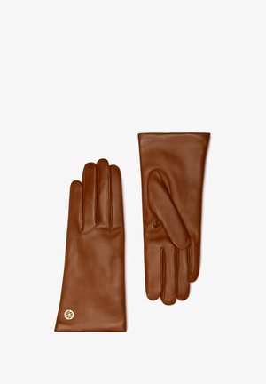 Gants en cuir marron avec une texture lisse, dotés d'un accent subtil du logo et d'une conception ajustée pour les mains.