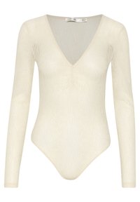 Crème lange mouwen kant bodysuit met diepe V-hals en subtiel bloempatroon, aansluitende silhoeet.