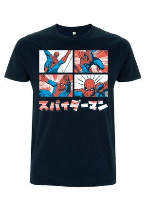 Sort bomulds T-shirt med et grafisk print af lyseblå og røde Spider-Man illustrationer i fire paneler, accentueret med japansk tekst.