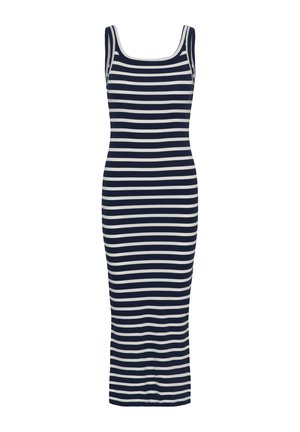 Ujjatlan, tengerészkék-fehér vízszintes csíkos, testhez simuló midi ruha négyzet alakú nyakkivágással.