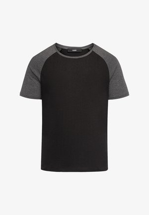 Black t-shirt with gray raglan sleeves, round neckline, short sleeves, and a smooth texture. Simple design without patterns or accents.