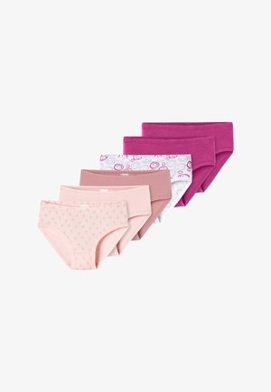 Sei paia di slip da donna in tonalità di rosa e viola, con un paio caratterizzato da uno sfondo bianco con motivi a cerchi rosa.