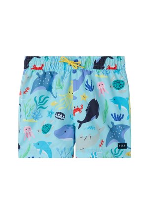 Lyseblå børnebadeshorts med farverige havdyr, herunder hvaler, delfiner, skildpadder, vandmænd, krabber og tangmotiver.