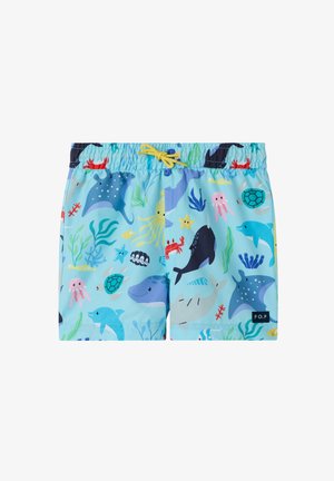 Lichtblauwe kinderzwemshorts met kleurrijke oceaandieren, waaronder walvissen, dolfijnen, schildpadden, kwallen, krabben en zeewierpatronen.
