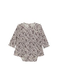 Blommig långärmad bodysuit i krämfärg med lila och vinröda blommor. Har ryschkanter och en rundad halsringning; utsvängd nederdel.