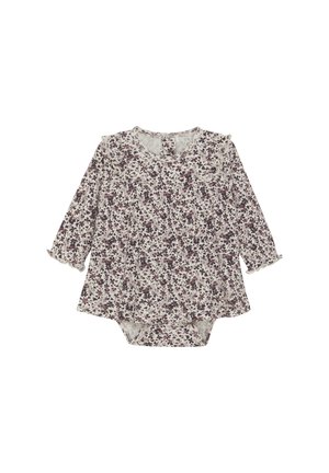 Blumiges Langarm-Body in Creme mit lila und burgunderfarbenen Blumen. Merkmale sind gerüschte Kanten und ein runder Halsausschnitt; ausgestellter Saum.
