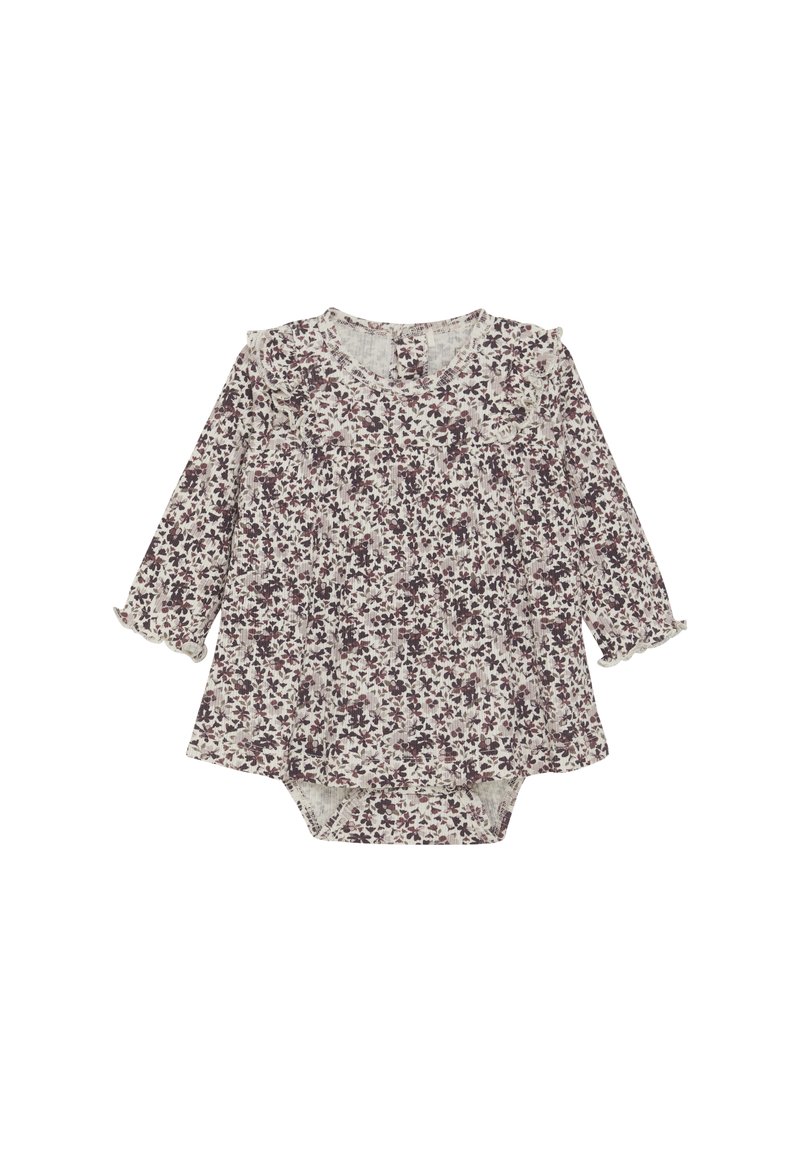 Blommig långärmad bodysuit i krämfärg med lila och vinröda blommor. Har ryschkanter och en rundad halsringning; utsvängd nederdel.