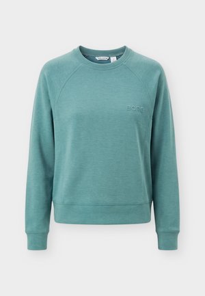 Teal crewneck genser med lange ermer, ribbestrikkede mansjetter og kant, og subtil "BORG"-logo preget på venstre bryst.