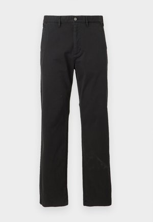 Black pants made of cotton, featuring a straight cut, front pockets, and a button closure with a smooth texture. No visible patterns.
