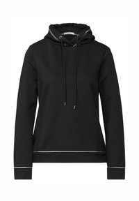 Zwarte hooded sweatshirt gemaakt van zachte stof. Beschikt over een trekkoord bij de nek en witte accentsteek aan de onderrand en mouwen.