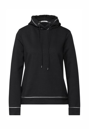 Schwarzer Kapuzenpullover aus weichem Stoff. Verfügt über einen Kordelzug am Hals und weiße Akzentnähte am Saum und an den Bündchen.