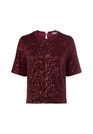 Bordeaux sequin top met een ronde halslijn, korte mouwen en een keyhole achterkant. Bedekt met reflecterende sequins voor een textuurachtig uiterlijk.