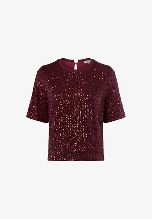 Bordeaux sequin top met een ronde halslijn, korte mouwen en een keyhole achterkant. Bedekt met reflecterende sequins voor een textuurachtig uiterlijk.