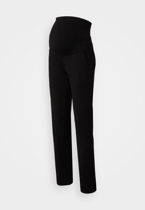 Maternity pants in black, featuring a stretchy waistband for comfort, side pockets, straight leg design, and soft fabric texture.