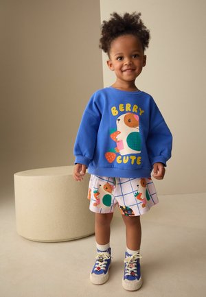 Småbarn med krøllet hår, smilende, iført en blå sweatshirt med teksten "Berry Cute" og marsvinprint, matchende shorts og blå høje sneakers.