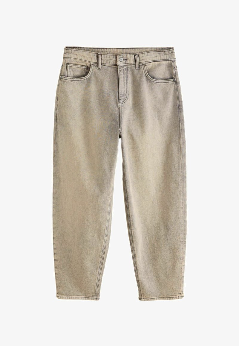 Világosbézs farmernadrág, szűkített szárú, ötpántos kialakítású, gombos záródással és látható varrással.