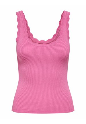 Pink ribstrikket tanktop med bølget kant på stropper og halsudskæring, tætsiddende silhuet.