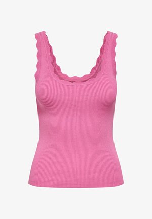 Roze geribd gebreide tanktop met geschulpte randen aan de bandjes en halslijn, nauwsluitend model.