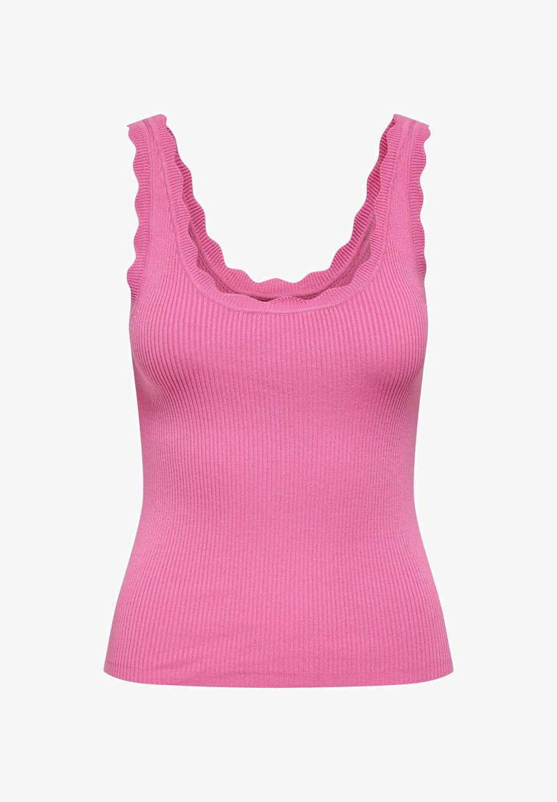 Różowy prążkowany top na ramiączkach z falowanymi krawędziami na ramiączkach i dekolcie, dopasowany krój.