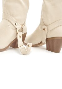 Botas de ante beige hasta el tobillo con un tacón cónico, que presentan un acento en forma de anillo dorado y una correa ajustable con un detalle de botón en el lateral.