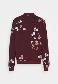 Giacca bomber color granata con motivo floreale in rosa, bianco e nero. Collo e polsini a coste, tessuto morbido con vestibilità rilassata.