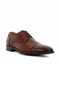 Brown leather dress shoe with a smooth finish, closed lacing system, rounded toe, and contrasting dark sole. Minimalist design features.