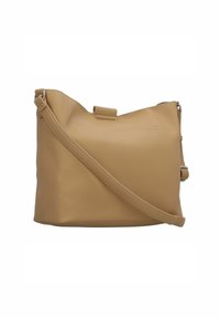 Kožená crossbody taška z tan farby s textúrovaným povrchom, zaobleným tvarom, nastaviteľným popruhom a prednou vreckom na slip. Akcenty z strieborného kovu.