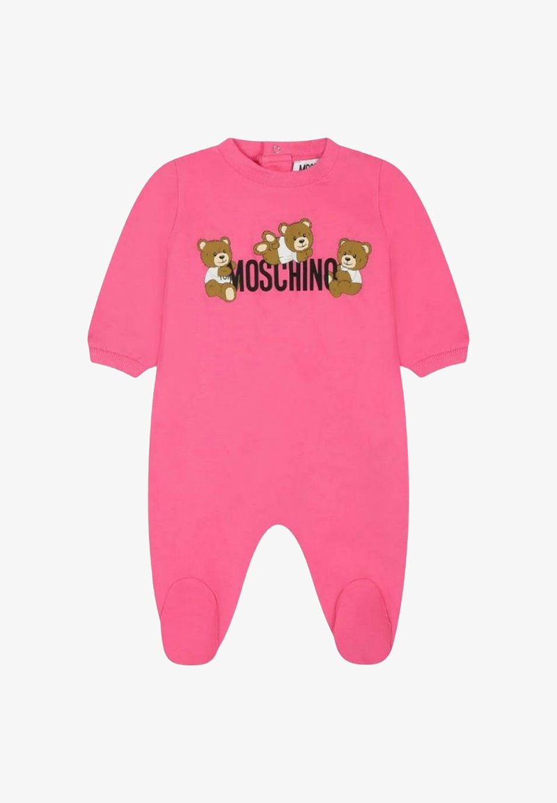 Body per neonati rosa con tre applicazioni a forma di orso marrone e testo "MOSCHINO". Realizzato in materiale morbido, con maniche lunghe e fondo con i piedi.