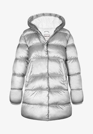 Srebrna kurtka puff z kapturem, z pikowanym wzorem, przednimi kieszeniami, elastycznymi mankietami i miękką podszewką.