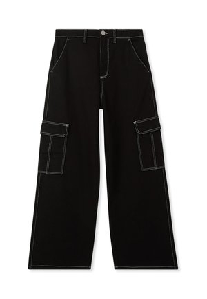 Pantaloni cargo neri con cuciture bianche, design a gamba larga, due tasche laterali e due tasche cargo sulle cosce. Realizzati in tessuto resistente.