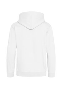 Sudadera blanca con capucha, de textura suave, con puños y dobladillo acanalados. Presenta una capucha amplia y sin marcas visibles en la parte posterior.