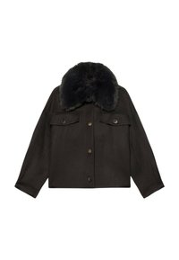 Giacca nera in lana con colletto in pelliccia ecologica staccabile, due tasche anteriori, chiusura a bottoni e design cropped con maniche larghe.