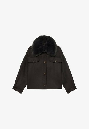 Schwarze Wolljacke mit abnehmbarem Kunstfellkragen, zwei Fronttaschen, Knopfverschlüssen und einem verkürzten Design mit weitem Ärmel.